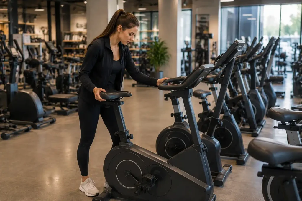 Dviračių treniruokliai namų sportui - moteris renkasi treniruoklį