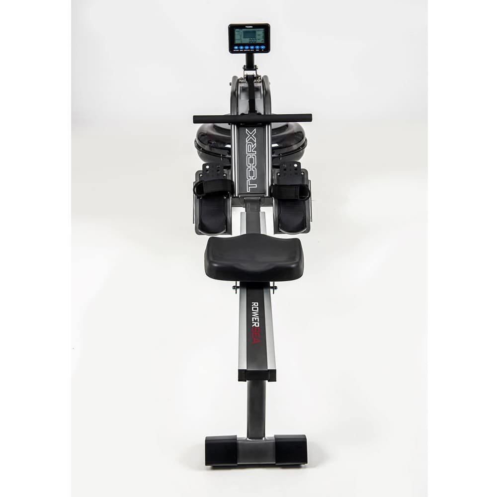 TOORX ROWER SEA vandens irklavimo treniruoklio priekinis vaizdas su valdymo monitoriumi.