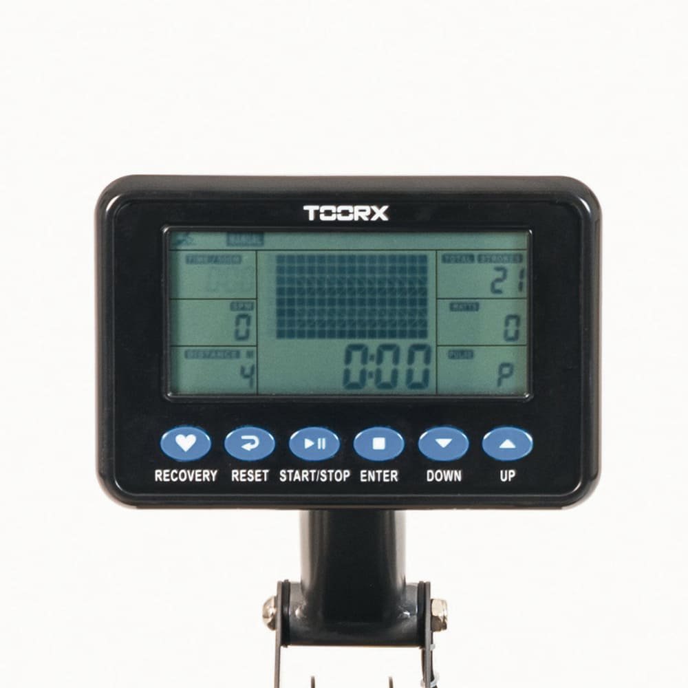 TOORX ROWER SEA irklavimo treniruoklio LCD ekranas su treniruotės duomenų stebėjimo funkcijomis.