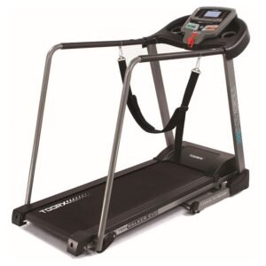TOORX TRX-WALKER EVO reabilitacinis bėgimo takelis su atraminiais turėklais ir LCD ekranu.