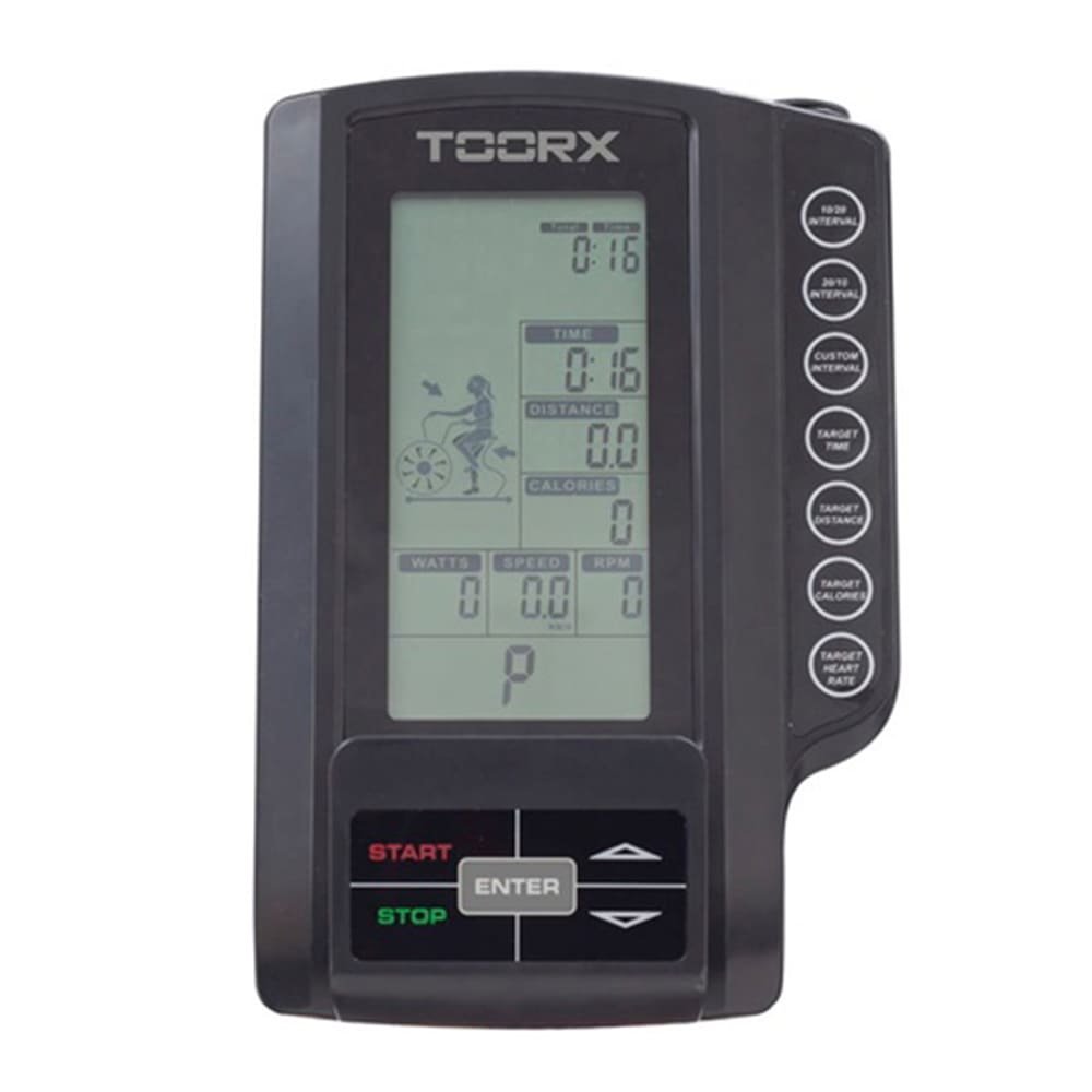 TOORX BRX-AIR 300 treniruoklio ekranas rodantis laiką, greitį, atstumą, kalorijas ir pulsą